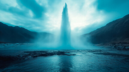 Naklejka premium Geyser erupting, shooting a powerful fountain of water and steam. Geyser creating an impressive natural explosion of power and geothermal beauty of the phenomenon.