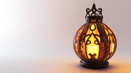 Glowing candle in a metallic lantern, casting warm light on ornate design. Celebrate ramadan with this vintage decor adding charm to your home
