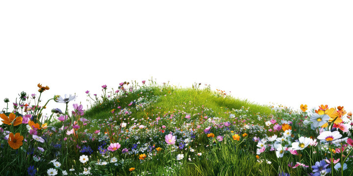 Fototapeta Green hills of flowers and flora landscape cut out PNG isolated transparent overlay