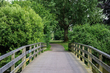 Wooden bridge for pedestriand and cyclists near Nijmegen, Gelderland, The Netherlands