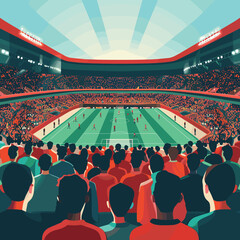 Crowded football stadium enthusiastic fans watching soccer match. Spectators red outfits gathered sporting event, enjoying game. Huge audience attentively observes soccer players competing green
