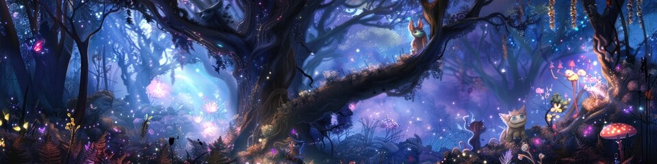 Enchanted Pandora Forest with Five Adorable Furry Neuron Creatures in Various Colors Frolicking