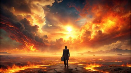 Intense apocalyptic landscape with lone traveler standing before fiery glow, apocalypse, dramatic, fiery