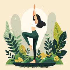 Woman practicing yoga nature surrounded foliage. Female tree pose, balancing one leg, arms up, peaceful serene expression. Yoga park, healthy lifestyle, green foliage, wellness concept