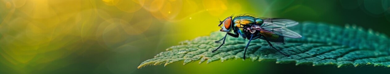 Naklejka premium Verdant Intrigue: A Macro Portrait of a Green Fly Perched on a Leaf with a Naturally Blurred Background, Embracing the Delicate Details of Insect Life