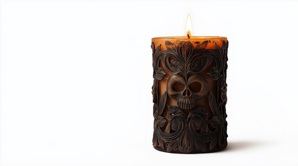 Spooky skull candle casts eerie light on a white background, perfect for halloween projects. The flickering flame adds gothic charm. Ideal for horror and magic designs