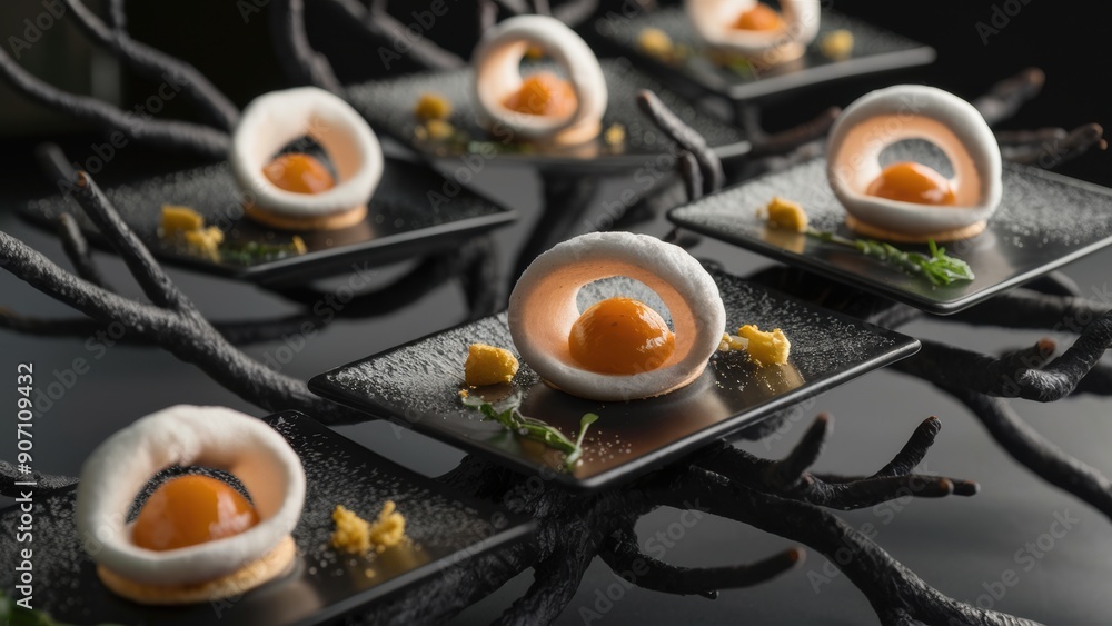 Poster a group of small plates with food on them are arranged in a tree, ai