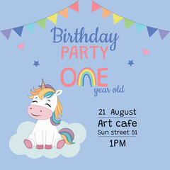 1 year Birthday party invitation with unicorn.