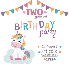 2 years Birthday party invitation with unicorn.