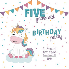 5 years Birthday party invitation with unicorn.