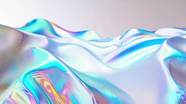 Iridescent cloth waves abstract background. Wavy fluid texture. Fluttering material. 3D animation motion design, wallpaper