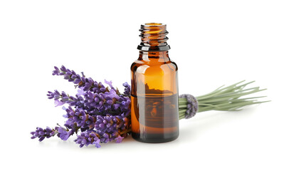 Bottle with aroma oil and lavender flowers isolated on white background