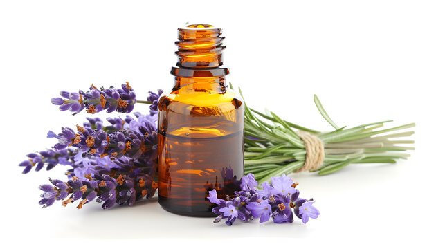 Bottle with aroma oil and lavender flowers isolated on white background