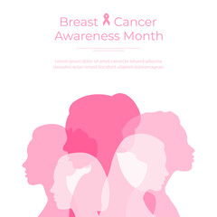 Breast Cancer Awareness Month.Banner with silhouettes of women standing side by side and space for text.Vector illustration.