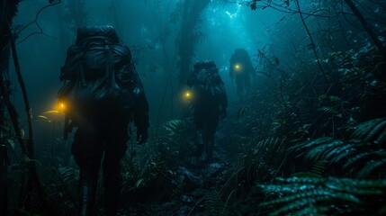Explorers trekking through a dense jungle at night - generative ai