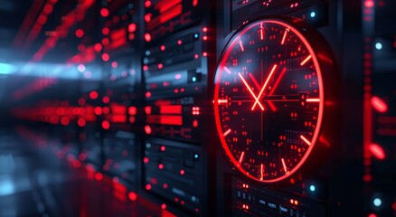 A clock with glowing hands, set against the backdrop of red data center equipment in dark shades.