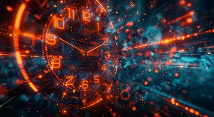 Red and black clock with white numbers in the center of an animated video background