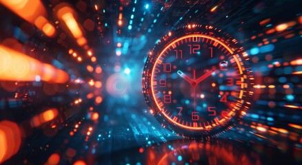 Red and black clock with white numbers in the center of an animated video background