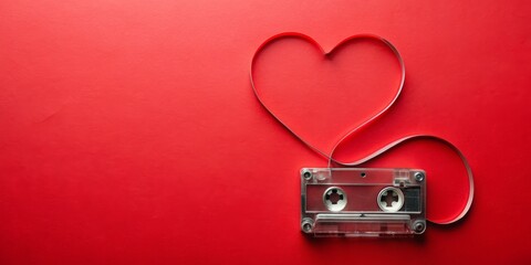Heart shaped cassette tape on red background, retro, vintage, music, love, romantic, nostalgia, analog, audio