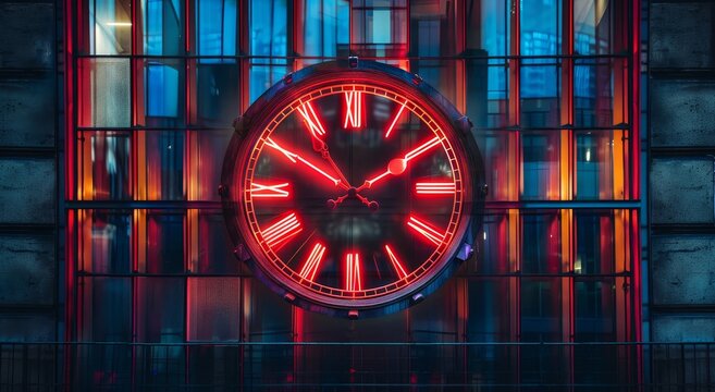 A red and black clock face with neon lights on the hands, set against an abstract background of vertical rows of windows.
