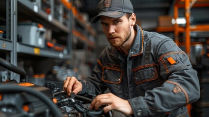 Fototapeta premium Mechanic working on engine in workshop - generative ai