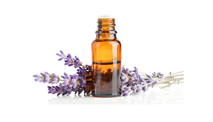 Bottle with aroma oil and lavender flowers isolated on white background