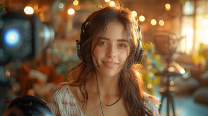 Woman streaming with headset - generative ai