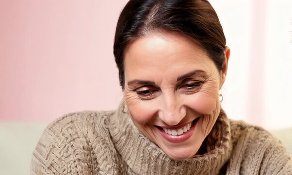 Medium shot portrait video of a satisfied woman in her 40s wearing a cozy sweater against a pastel or soft colors background