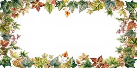 Fototapeta premium Watercolor herbarium frame with plants and forest leaf art card featuring ivy for autumn, summer, and spring seasons