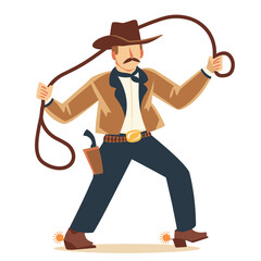 Cowboy swinging lasso, Western theme, male character wearing hat, mustache, spurs. Standing confidently, capturing action, Western attire, cartoon style. Vibrant colors, beige jacket, brown hat