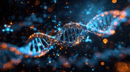 Fototapeta premium An abstract scientific background with a 3D DNA helix and genetic molecules. The blue design highlights biotechnology and medical research elements in a digital and futuristic setting