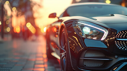 A black luxury car is parked on a city street at sunset
