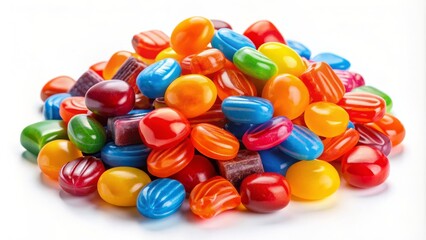Vibrant assortment of colorful sweets forms a tempting heap, featuring red, blue, and orange treats with shiny coatings, against a clean white background.