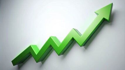 Vibrant green upward arrow chart soars on a sleek white background, symbolizing financial growth, economic prosperity, and optimistic market trends in the fintech industry.