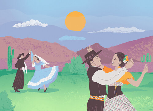 Zamba Tucumana dos parejas de gauchos bailando en la zona norte de Argentina con ropas tradicionales