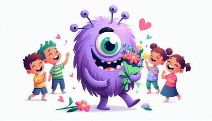 Fun purple cartoon one-eyed monster with flower bouquet and children cheering