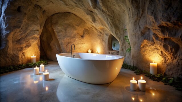 Elegant candlelit ambiance surrounds a sleek white freestanding bathtub nestled within a naturally formed cave, evoking relaxation and serenity in a tranquil underground oasis. - Powered by Adobe