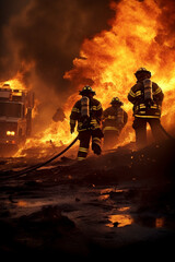 Fire scene - firemen in action, fire and water, burning house, firetruck, ai-generated