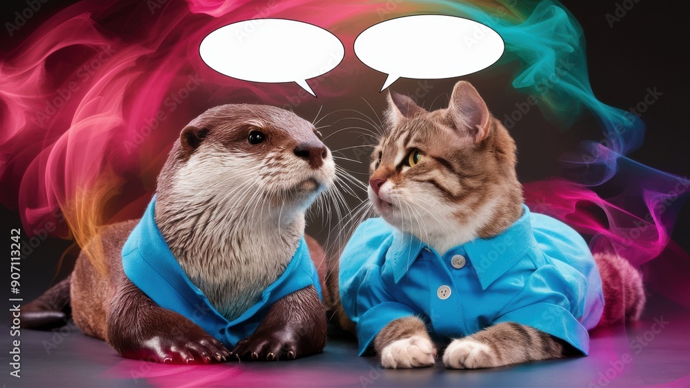 Canvas Prints a cat and a dog sitting next to each other with speech bubbles, ai