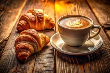 Richly flavored latte sits in a delicate cup beside a flaky, buttery croissant on a rustic wooden table, bathed in warm, golden morning light.