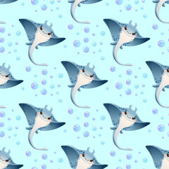 Adorable seamless vector pattern featuring cute cartoon stingrays and bubbles on a light blue background