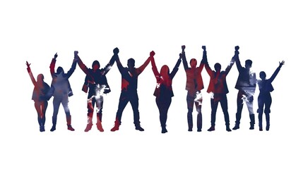 Obraz premium Silhouette of a group of people raising their hands in the air.