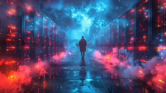 Person walking in a neon data center - generative ai