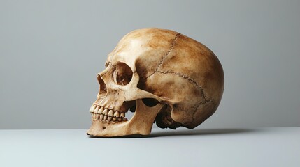 Side view of detailed human skull sculpture