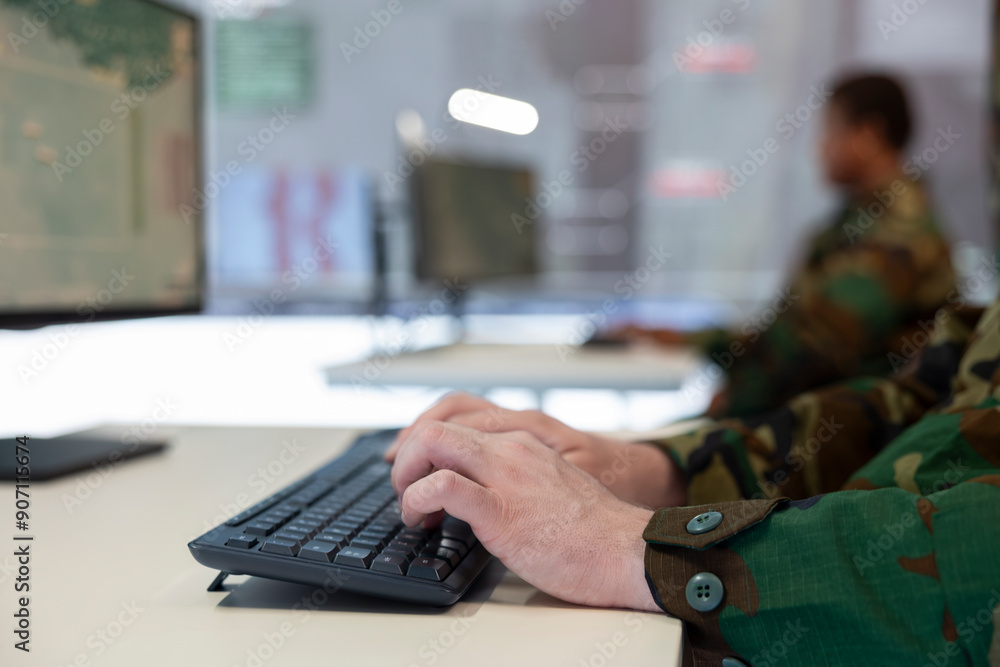 Poster it division commander handling surveillance and safety operations with cctv radar system, gps tracki