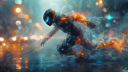 Fototapeta premium Futuristic cybernetic runner in action - generative ai