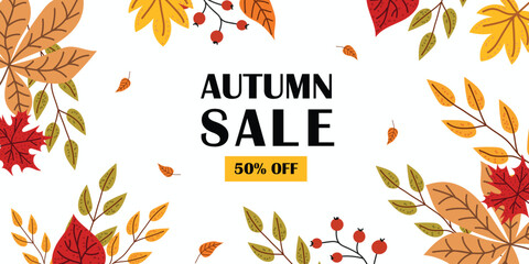 Fall sale vector illustration. Autumn background with leaves. Vector fall illustration, banner, poster. White isolated background.