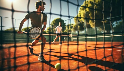 Two tennis players play on a clay court. The image captures the intensity and athleticism of the players in action. Perfect for sports and fitness themes.
