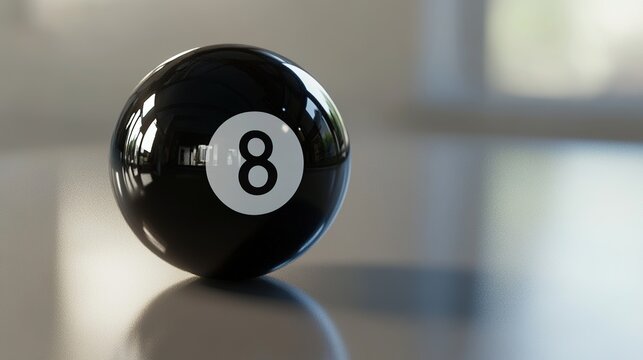 Realistic 8 ball with a shiny surface on a reflective background