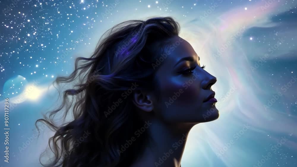 Poster a womans profile is illuminated by a mystical blue light, surrounded by stars and a swirling cosmic 